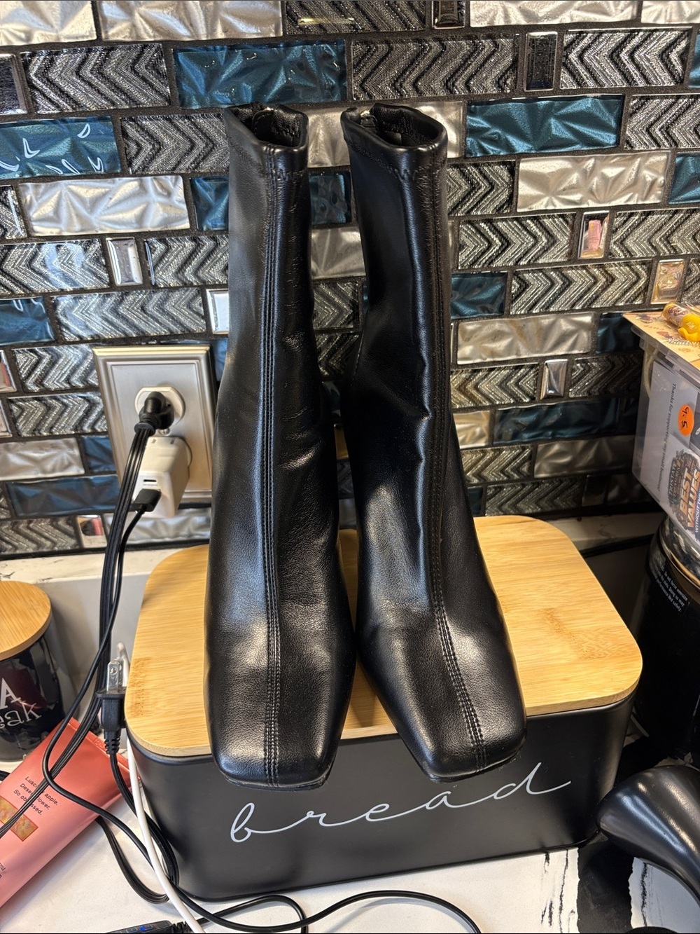 Steve Madden Black Square-Toe Stretch Ankle Boots - Picture 1 of 9